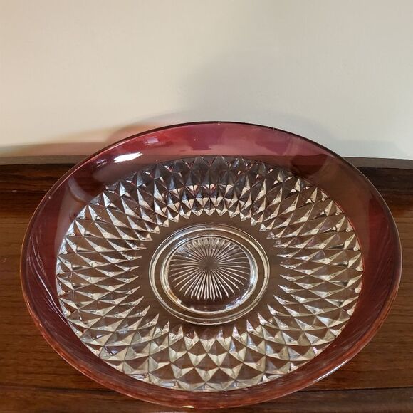 Indiana Glass Ruby Band Crystal Diamond Serving Bowl 13.5" - Picture 2 of 5